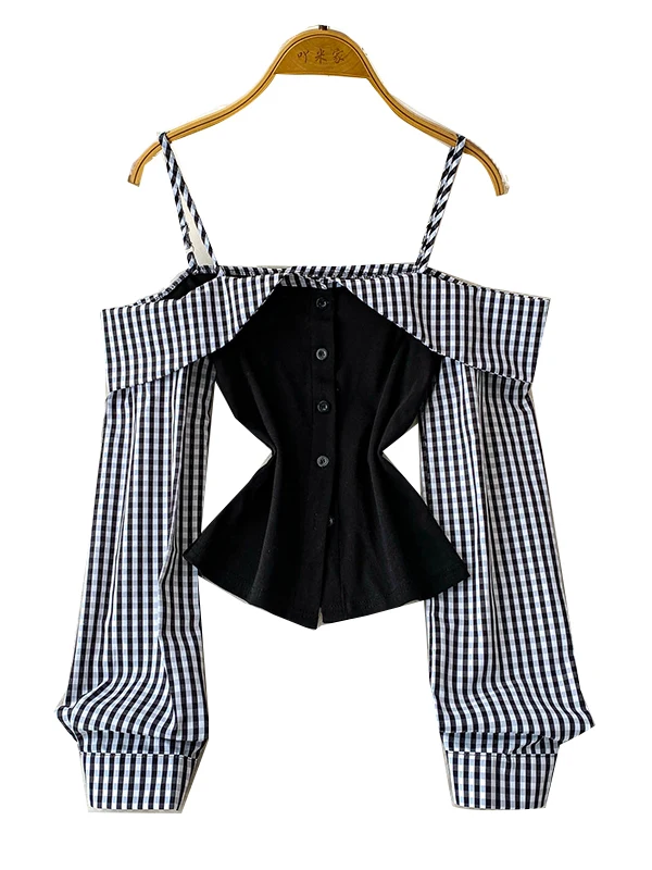 

oulder Bared Striped Patchwork Long Sve irt Women's Faionable And Tall Top Korean Sle Commute Wind Loose Fit