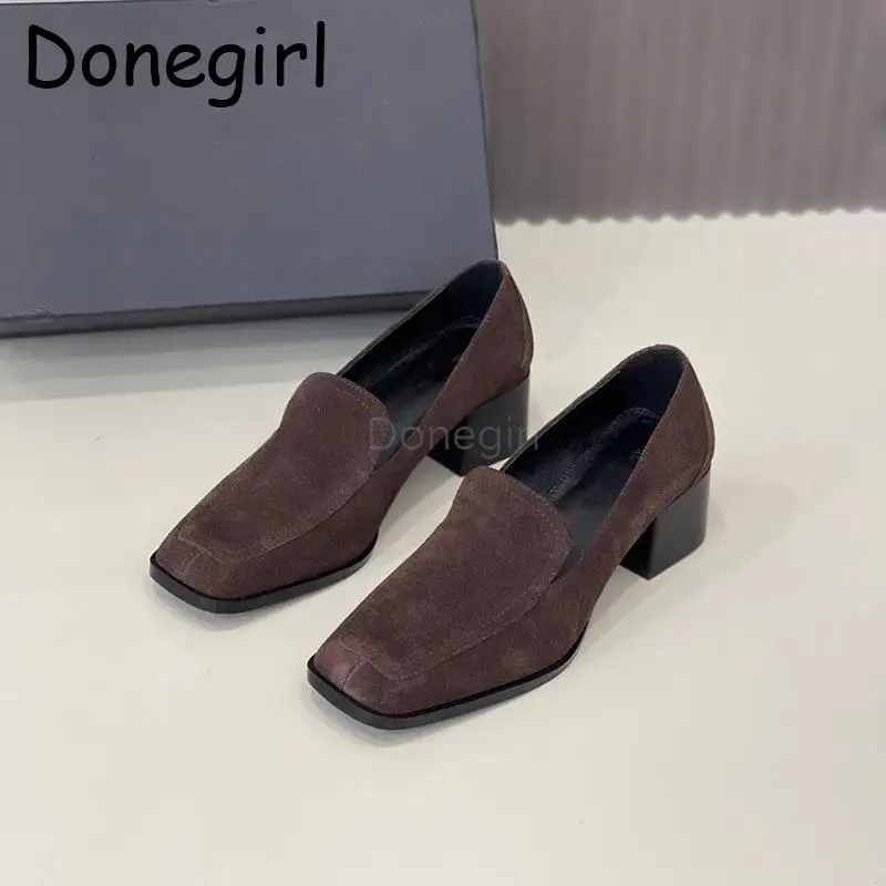 

Donegirl 2024 New Women Fashion Autumn Vintage Genuine Leather Suede Shoes Square Head Thick Mid Heel Slip-On Shoes Female Chic