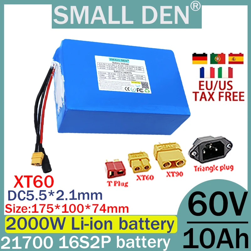 New 16S2P 21700 60V 10ah lithium battery pack with 1000-2000W high power,suitable for electric vehicle scooters and solar energy