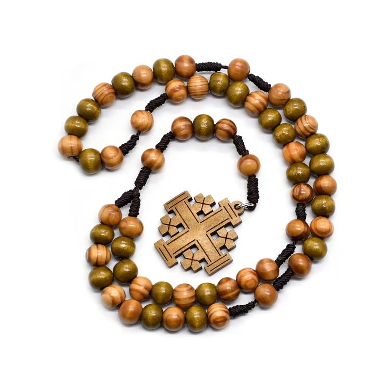 Wood Beads Woven JERUSALEM Religious Ornaments Cross Jesus Rosary Necklace For Men Woomen