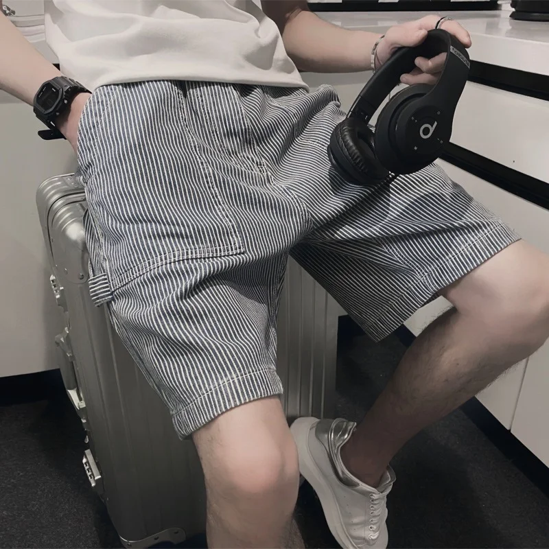 

Men's Casual Loose Five-Point Stripe Denim orts Trendy Summer New Sle Mid-Waist Straight Leg Jeans Casual Loose Fit