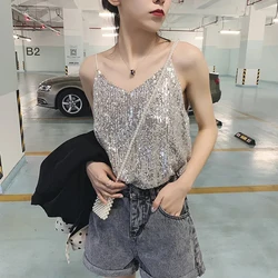 Halter Tank Top Summer Aesthetic Clothes For Women Off White Vintage Crop Top Evening Black Glitter  Shiny Sequins Loose