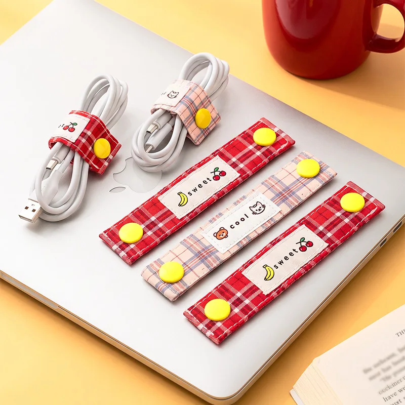 Cute Plaid Fabric Cable Organizer Snap Button Cord Winder, Cartoon Earphone USB Charger Cable Wire Management Strap