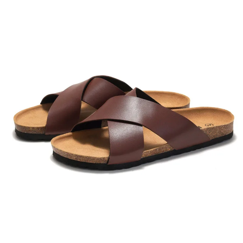 

Cross-Band Plus-Size Men Slippers Slip-On Lazy Cork Sole Sandals Men Vacation Outdoor Home Slippers Summer Matte Soft Beach Shoe