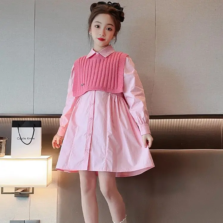 

2024 Korean Spring Autumn Children Girl 2PCS Clothes Set Teenager Girl Long Sleeve Dress+knitted Shawl School Girl 2-Piece Sets