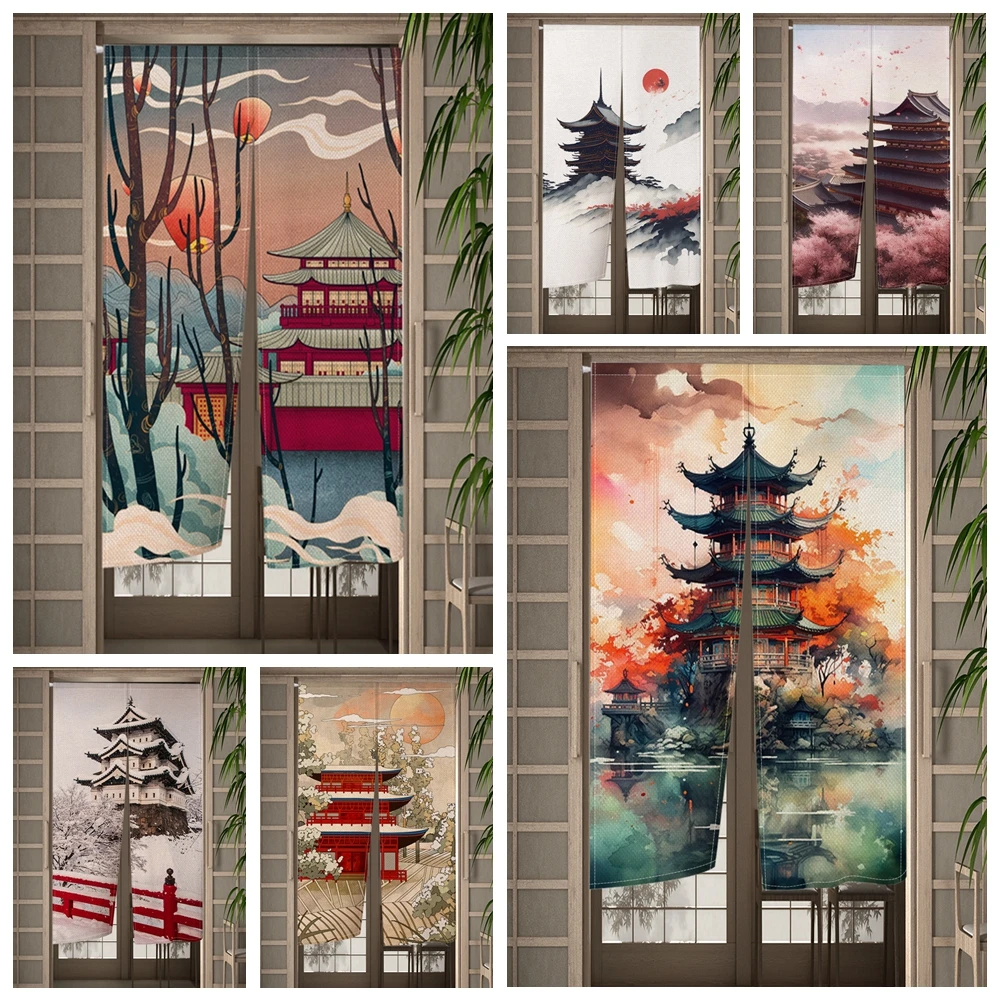 

Japanese Landscape Pattern Door Curtain Tower Flowers Mount Fuji Ukiyo-e Kitchen Partition Curtain Entrance Hanging Half-Curtain