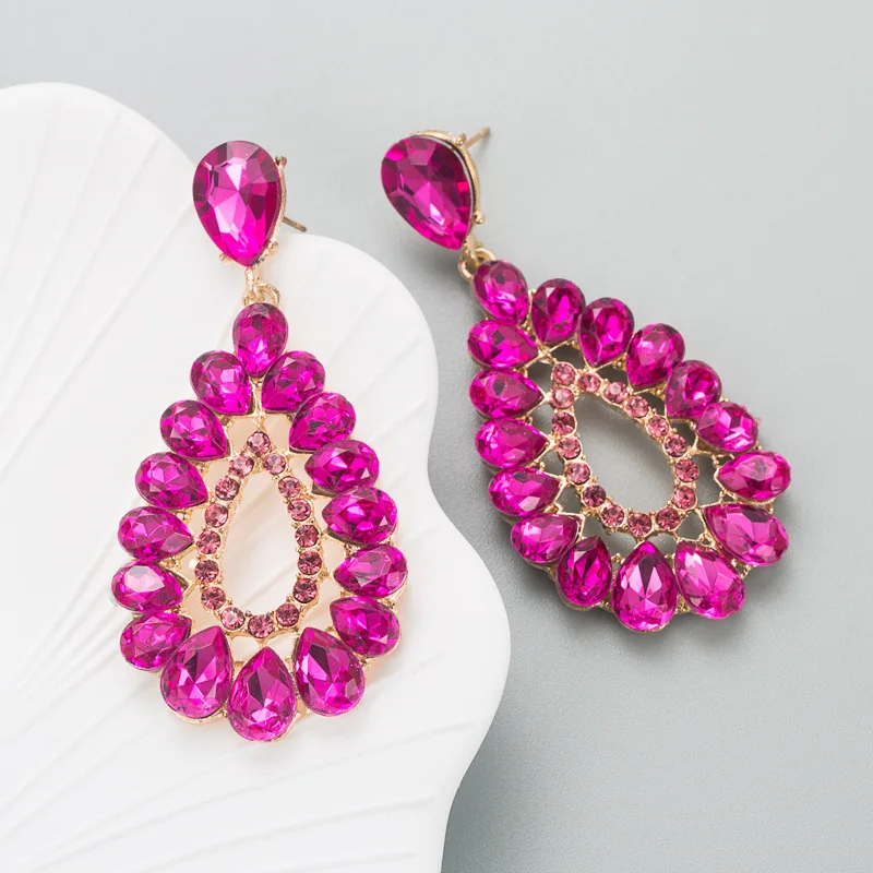 Fuchsia Crystals Flowers Dangle Earrings Jewelry for Bridal Women Wedding Pendientes Fuchsia Jewelry