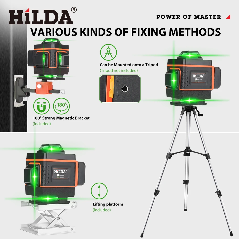 HILDA 12/16เส้น3/4D ระดับเลเซอร์ระดับ Leveling 360แนวนอนและแนวตั้ง Super ที่มีประสิทธิภาพสีเขียวระดับเลเซอร์