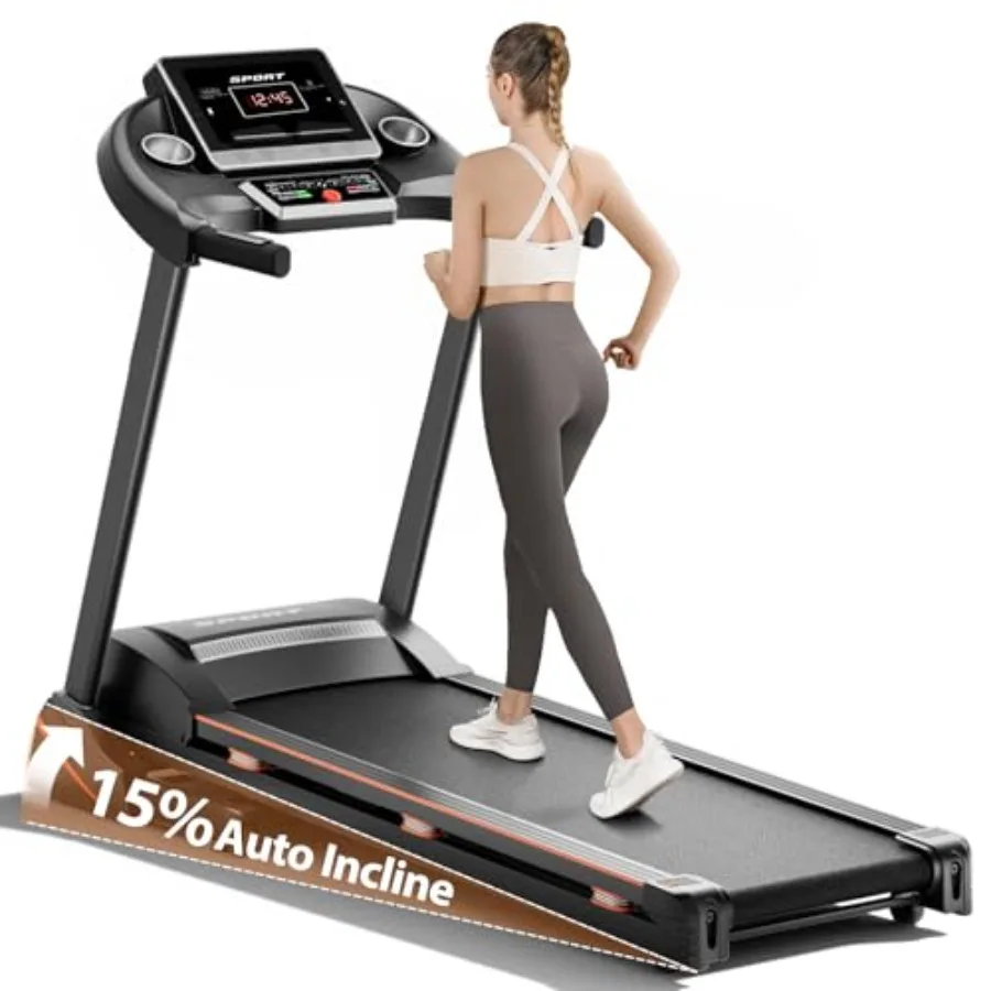 

Home treadmill with 0-15 auto incline steel frame black finish 3HP motor 300LBS capacity Bluetooth pulse monitor