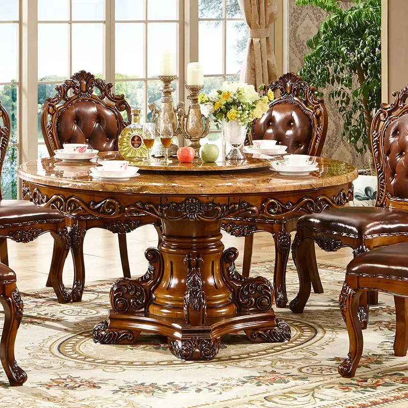 

yj9 European-style Full Solid Wood Neoclassical Marble Solid Wood American-style Round Dining Table with Turntable