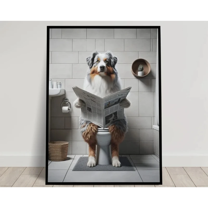 Doberman Shepherd Golden Retriever Reading The Newspaper on The Toilet Funny Bathroom Canvas Painting Wall Prints Home Decor