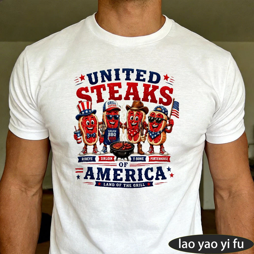 United Steaks Of America Patriotic Cartoon Steak Character Men Summer Cotton T Shirt BBQ USA Retro Humor Short Sleeve Garment