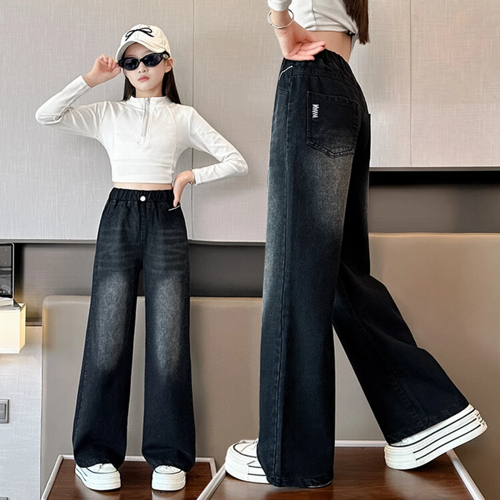 

Teenage Girls Wide Leg Jeans Spring Autumn Korean Casual Retro Black Denim Pants Fashion Elastic Waist Trousers For Kids New