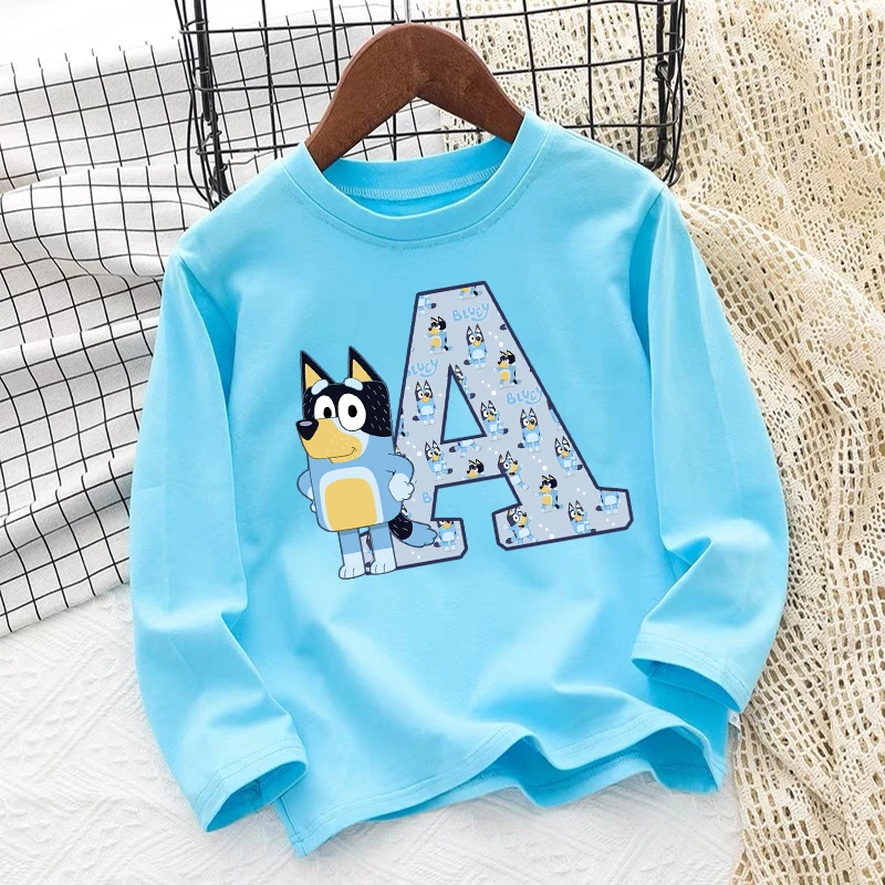 Blueyi Blue Kids Long Sleeve T-Shirt Cartoon Letters A-Z Print Pullover Kawaii Winter Casual Warm Tops Children Birthday Gifts