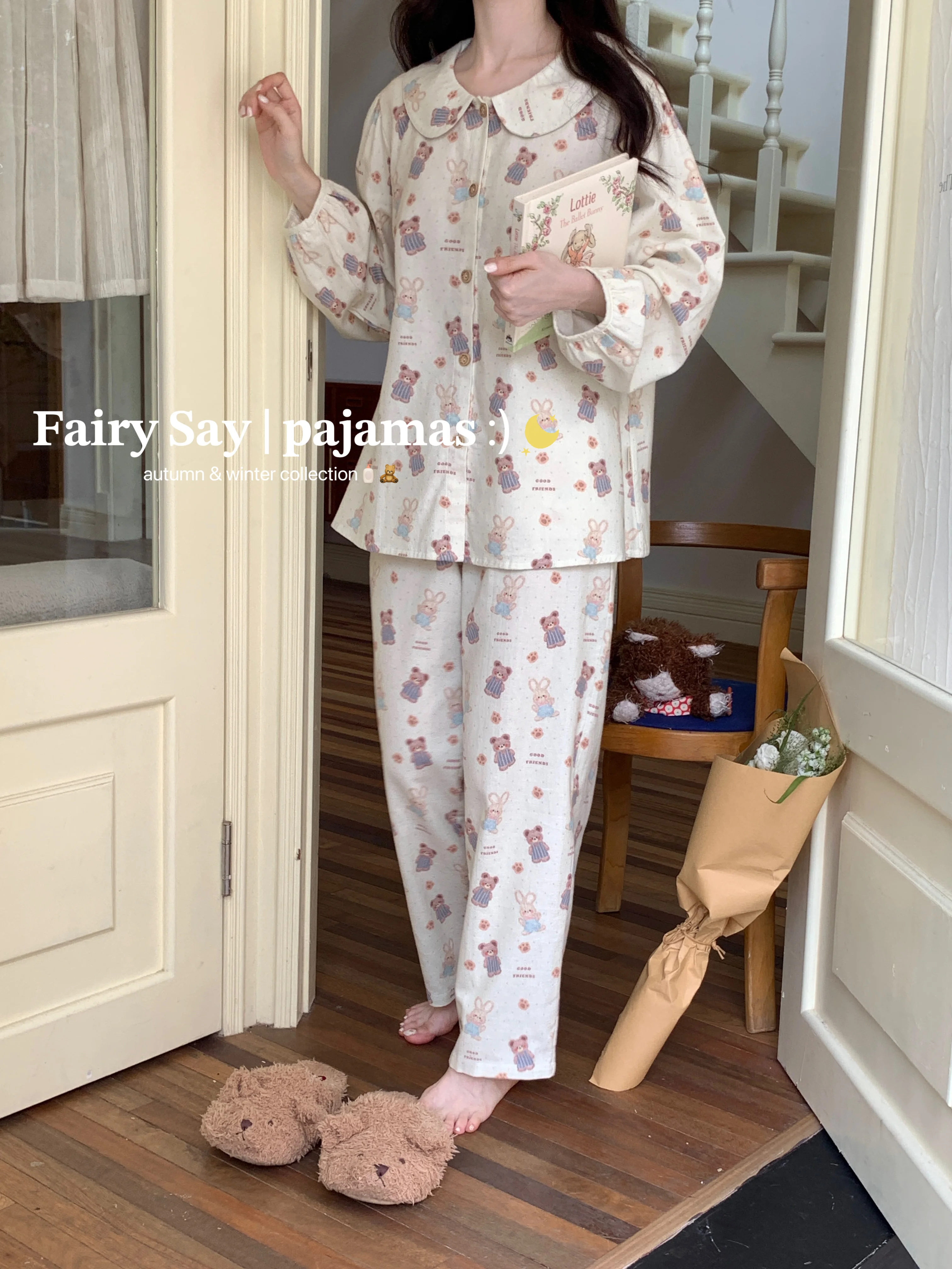 Cute Bear and Rabbit Cotton Pajamas Long Sleeve Peter Pan Collar Single-breasted Home Clothing Korean Style Loungewear