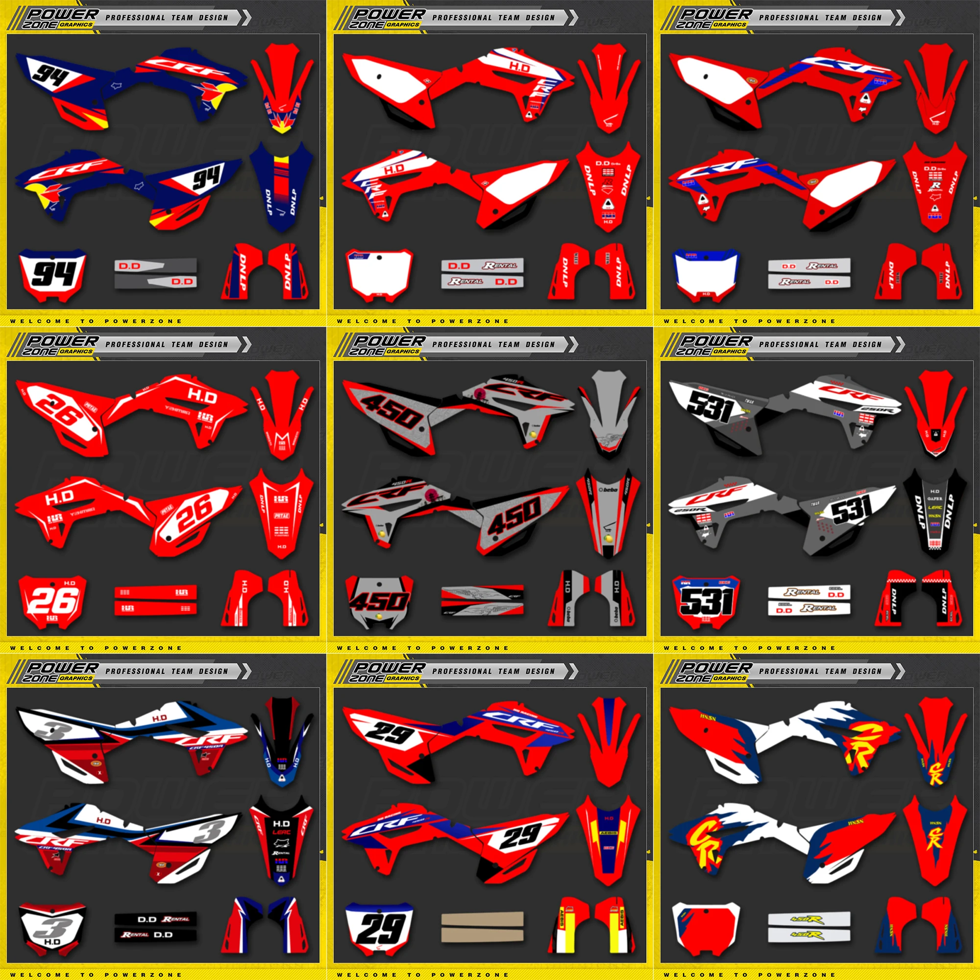 

PowerZone Custom Team Graphics Background Decals Stickers Kit For Honda CRF450R 2021 2022 2023 CRF250R 2022 2023 2024