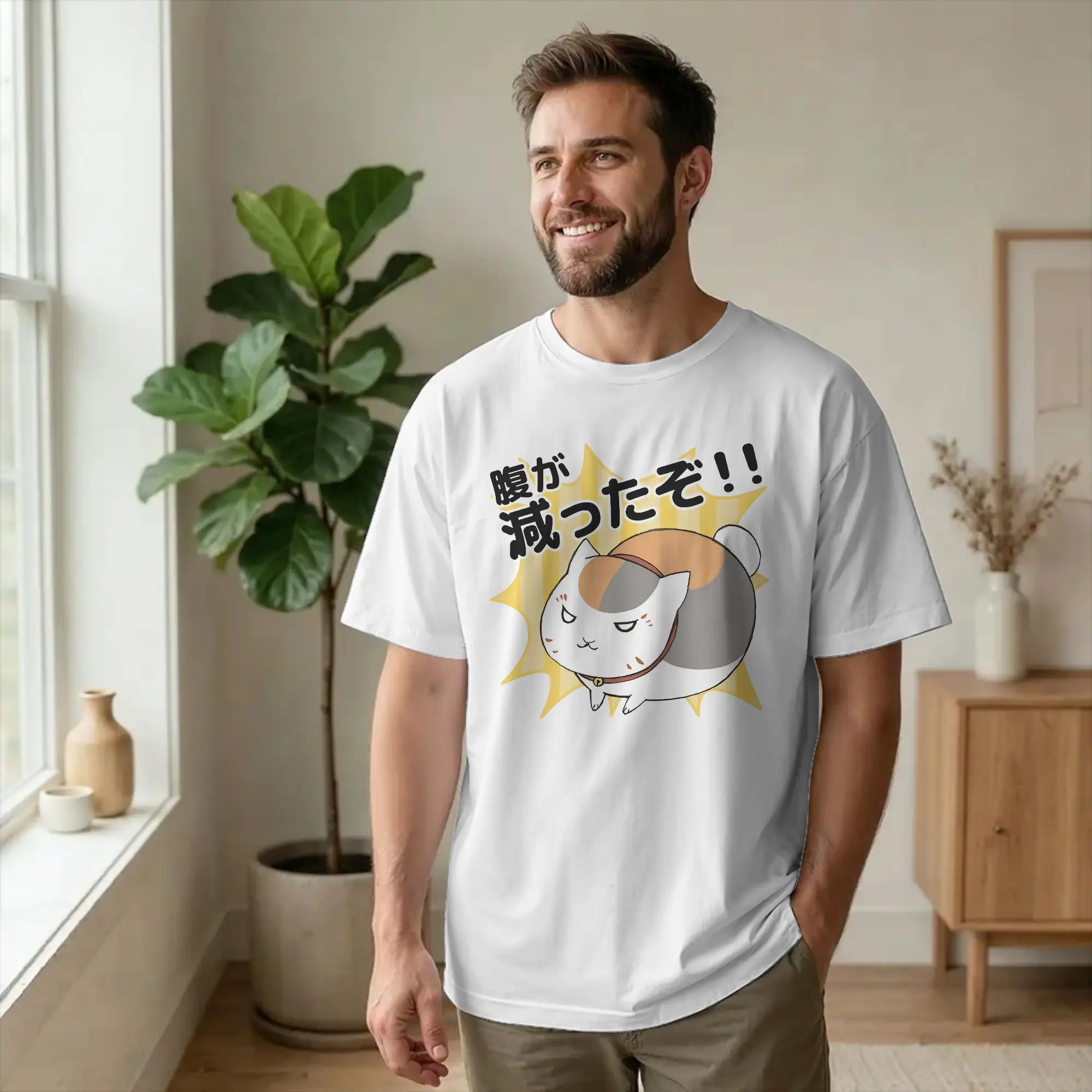 Men T-Shirt Natsume's Book of Friends Madara Fun Pure Cotton Tee Shirt Short Sleeve Nyanko Sensei T Shirts merchandise Plus Size