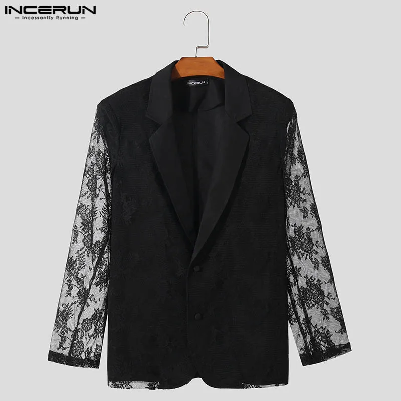 INCERUN Men Blazer Lace Patchwork Transparent Lapel Long Sleeve Casual Male Suits Streetwear 2024 Fashion Party Thin Coats S-5XL