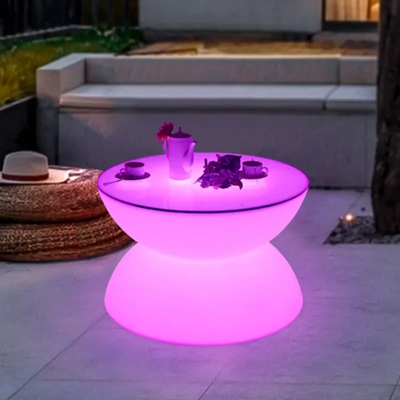 LED Light Up Round Coffee Table,Remote RGB Rechargeable Glowing Furniture For Bar Cafe Patio Outdoor Side Table