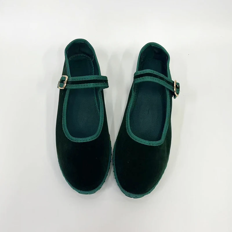Flannel Flats Women Shoes Hand Stitch Mary Janes Ballet Casual Shoes Ladies Elegant Buckle Closure Velvet Loafers Dark Green image 6