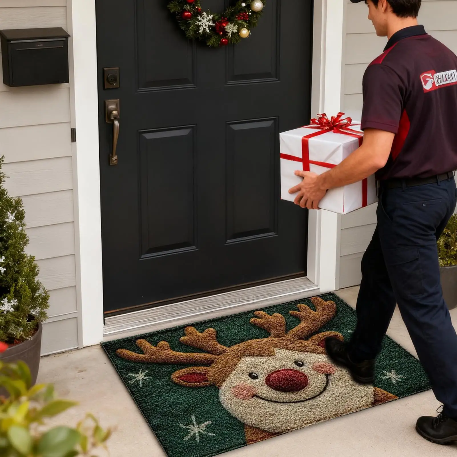 Christmas Door Mat Non-Slip Absorbent Reindeer Rug 23.6x15.7 Inch Washable Christmas Kitchen Mat for Holiday Porch Entryway
