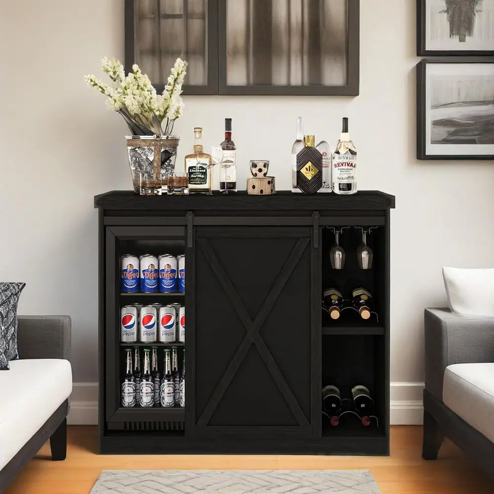 

Black Ridge Space Coffee Bar Cabinet with Wine Rack, Power Outlet for Kitchen, Dining, Living Room