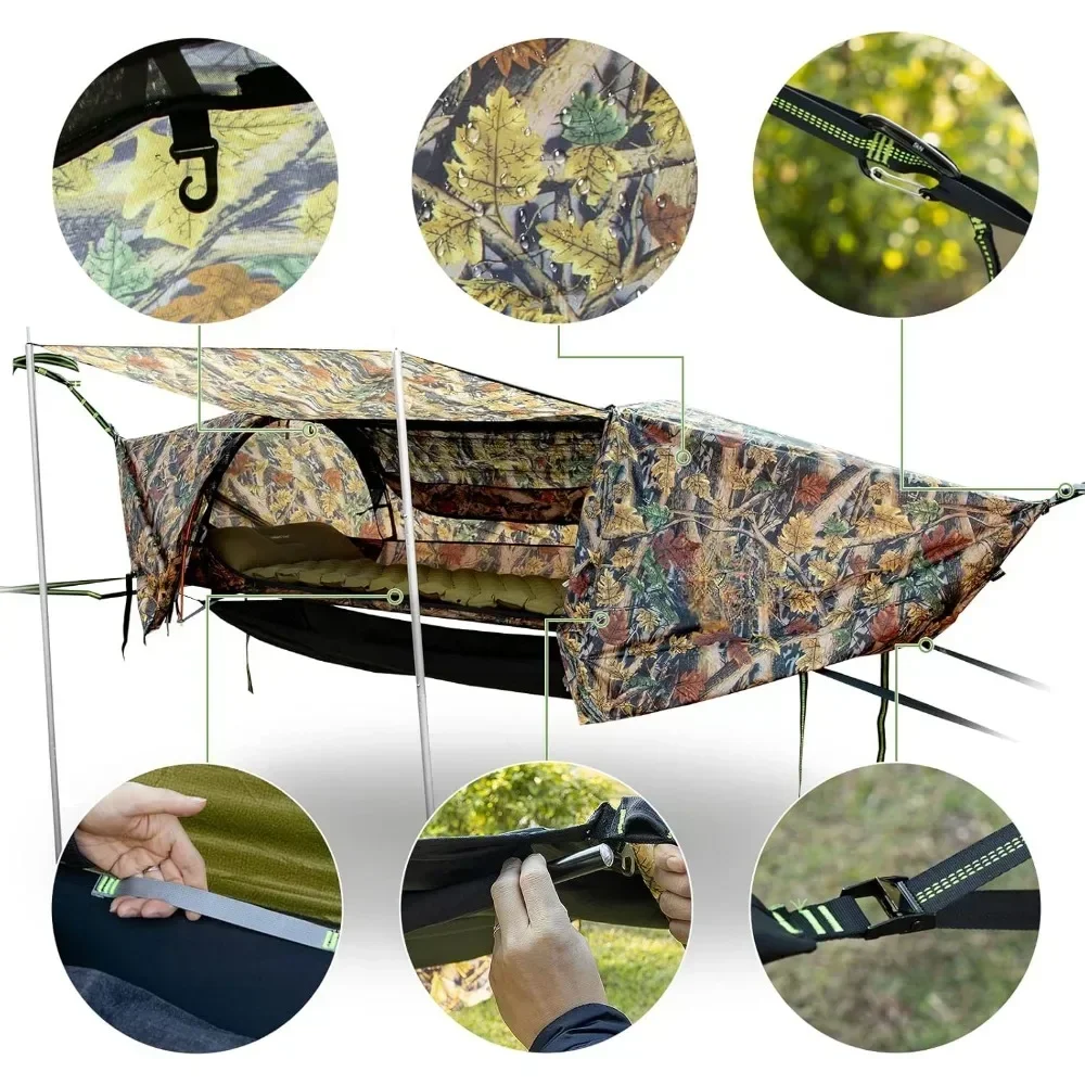 Flat Lay Hammock Tenda com Mosquito Net, Impermeável Rainfly, Sala de Armazenamento para 1 Pessoa, Mochila, Caminhadas, Camping