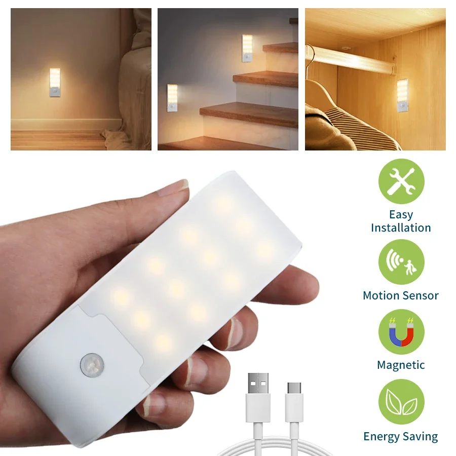 12 LED Induction Night Light Wireless Magnetic Cabinet Light Rechargeable Human Body Induction Wall Light for Bedroom Kitchen