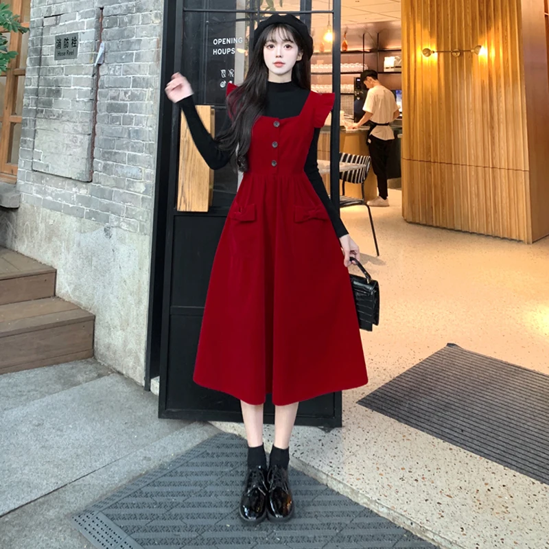 Casual Warm Two-piece Set For Women Knitted Sweater Tops And Red Velvet Long Dresses Large Size Female Autumn Winter Loose Suits