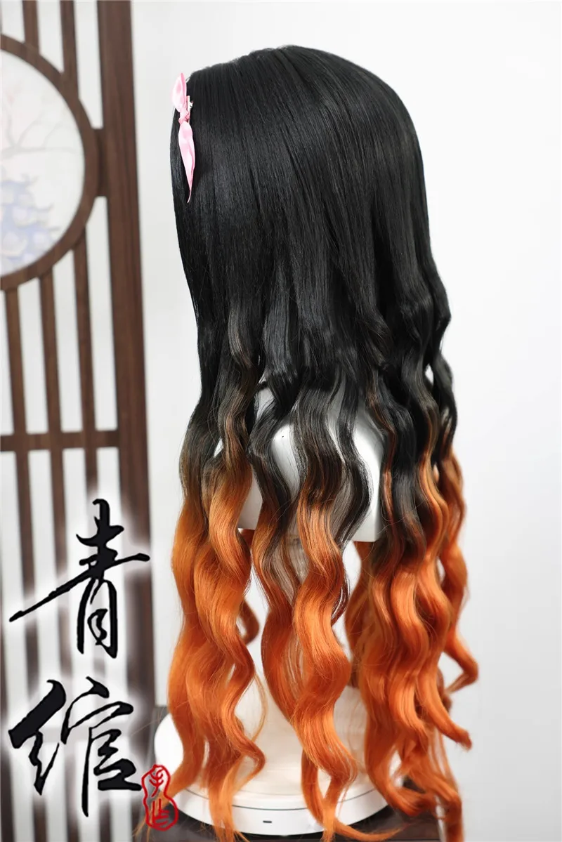 Styled Kamado Nezuko Cos Wigs Mixed Color Curly Long Cosplay Wig Anime Convention Party Show Christmas as Role Play Prop Gift