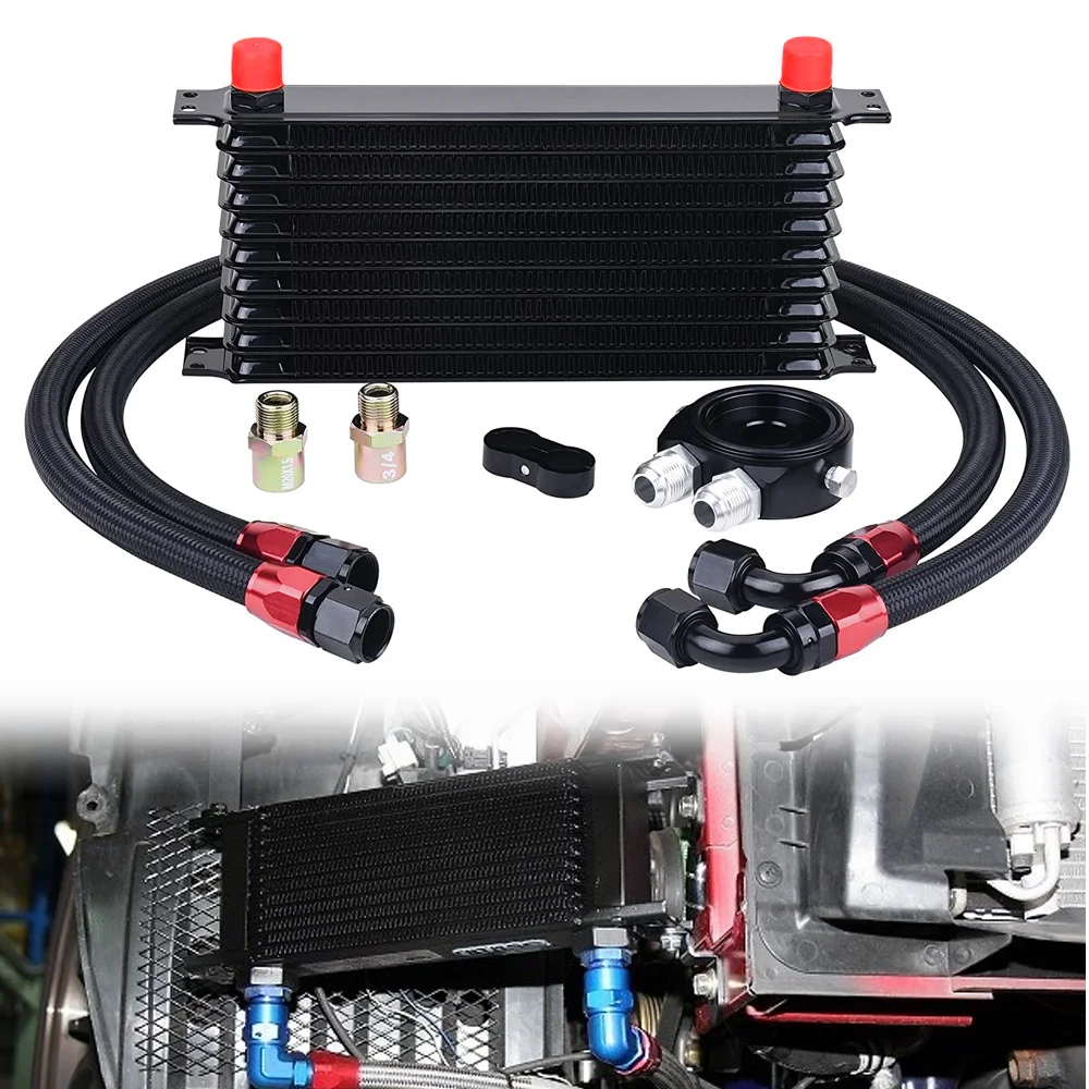 

Car Universal 10 Rows AN10 Oil Cooler + Oil Filter Sandwich Adapter + Stainless Steel Braided AN10 Hose For Cooling System Parts