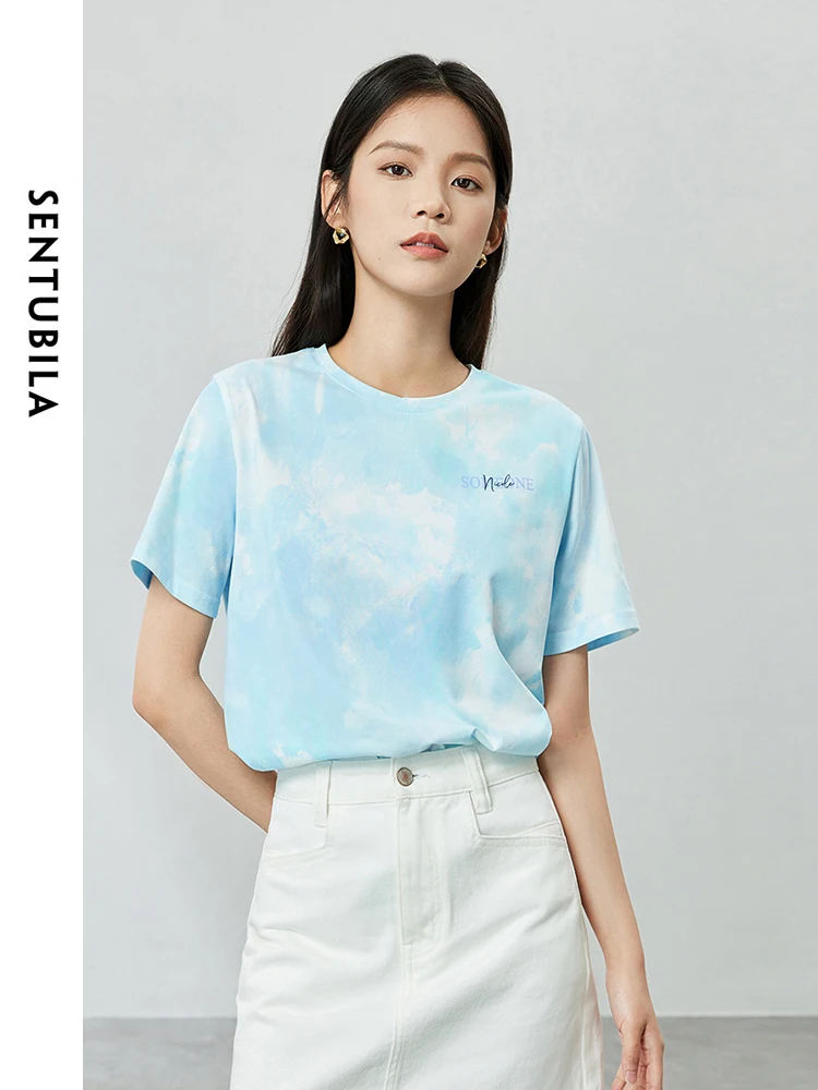 SENTUBILA Summer Tie Dye Letter Printed Cotton T-shirt Woman 2024 New Round Neck Loose Straight Short Sleeve Tops 142T54114