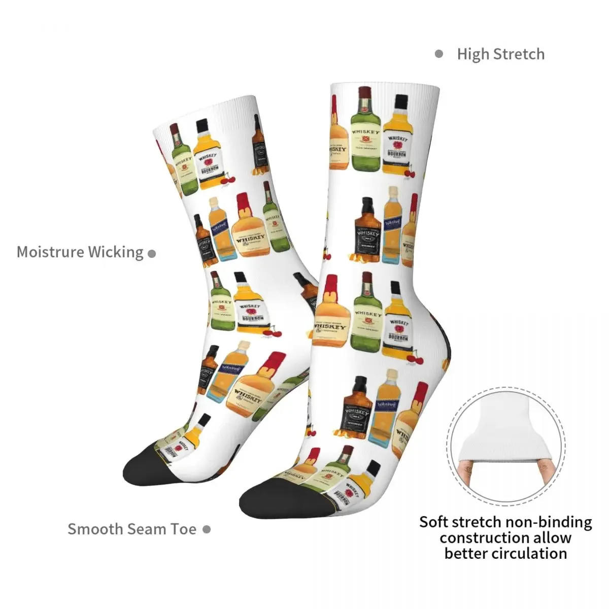 Whiskey Bottles Illustration Socks Harajuku High Quality Stockings All Season Long Socks Accessories for Man's Woman's Gifts