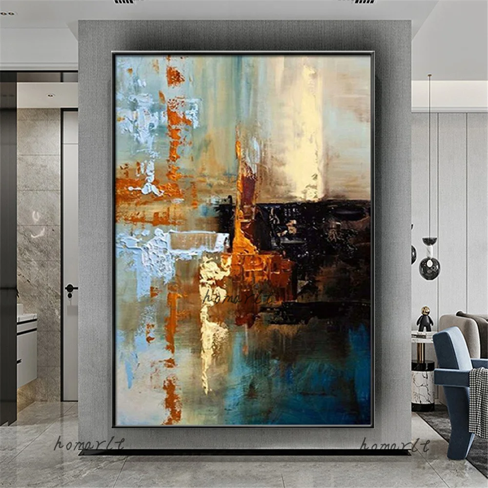 Hand-Painted Blue Gold Abstract Oil Paintings On Canvas Seacoast Poster Home Decor Wall Pictures Artwork Large Best Art Panel