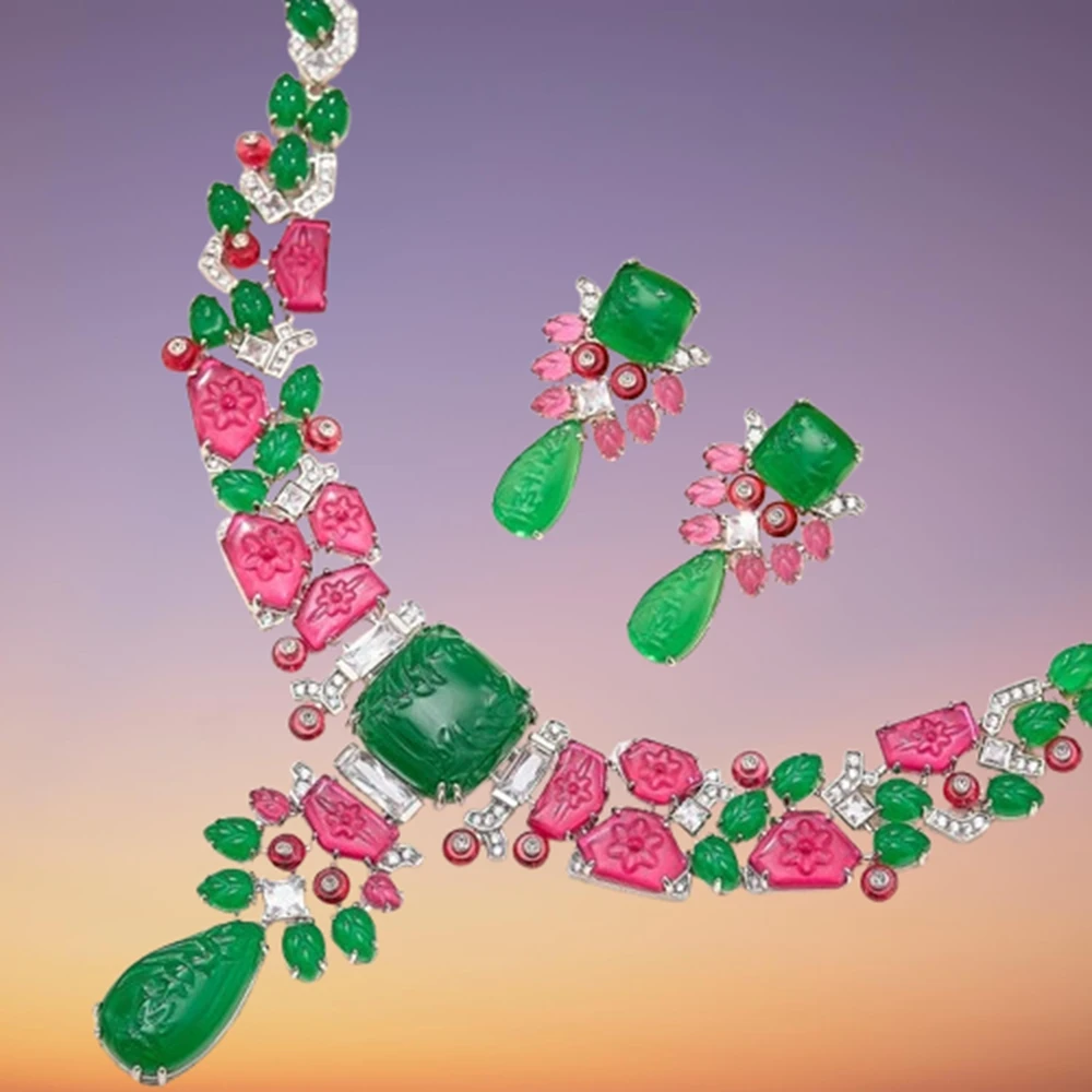 high-craft-big-water-drop-red-green-stone-synthetic-jade-carving-fruit-style-necklace-earrings-luxury-women-party-jewelry-sets