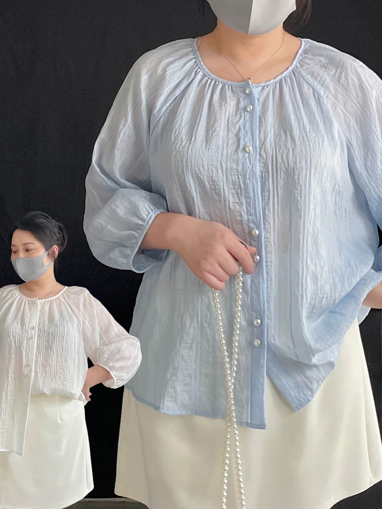 

plus Size Conced Belly irt Casual Lightweight Women's Faion Loose Fit Button Detail round Ne Seven Sve Length