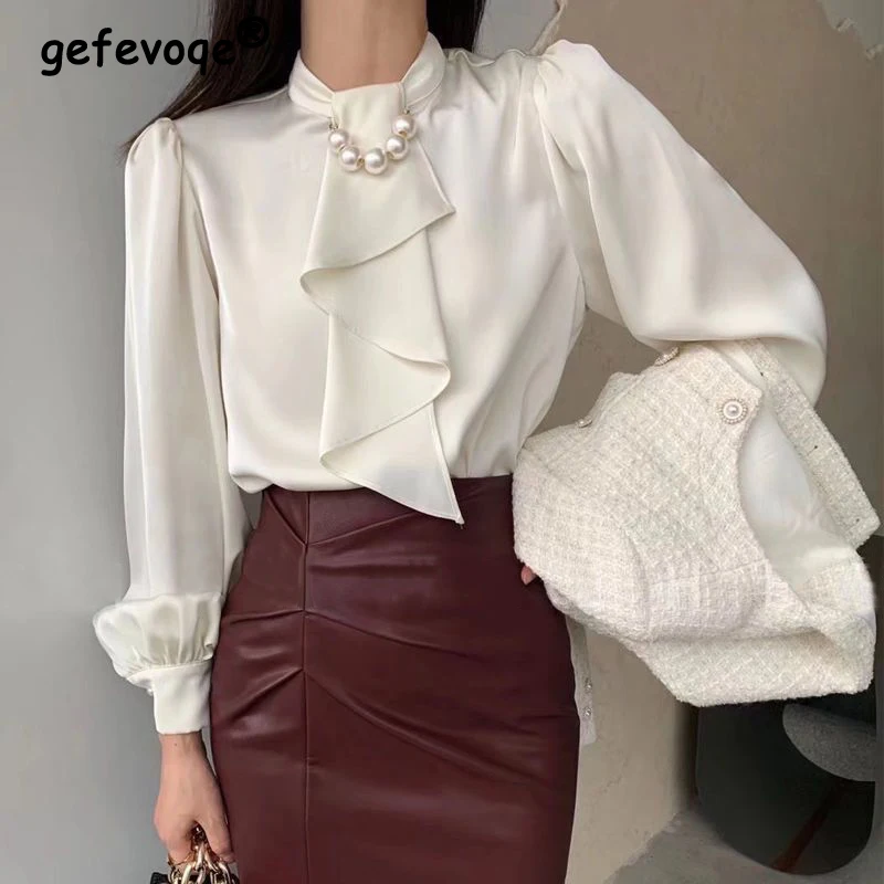 

Women Satin Bow Beads Chic Luxury Design Elegant Blouses Fashion White Office Lady Business Casual Shirts Long Sleeve Tops Blusa