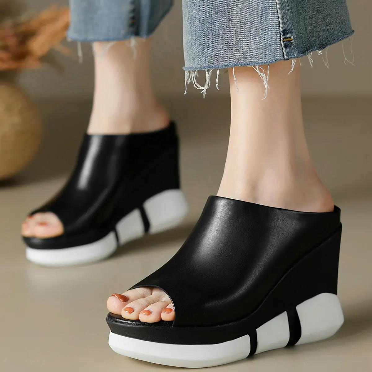 

Platform Pumps Shoes Women Black White Cow Leather Wedges High Heel Mules Female Summer Open Toe Fashion Sneakers Casual Shoes