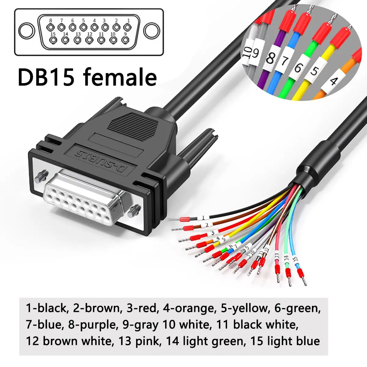 DB15 Male/Female to Bare Wire with Cable Marker, D-SUB 15-Pin Connector to Open End Wire Cable, 15-Wire All Provided with Wiring