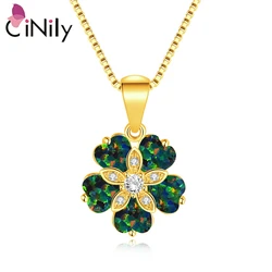 CiNily Black Fire Opal White Stone Pendant Flower Yellow Gold Plated Chain Zircon Necklace Charm Summer Jewelry for Women Girls
