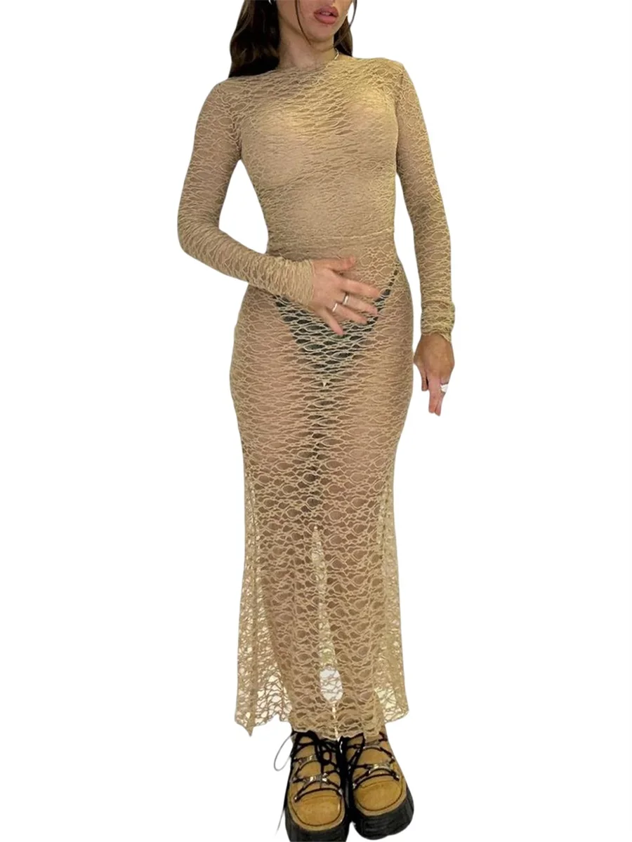 Abito lungo da donna in pizzo trasparente elegante manica lunga girocollo tinta unita copricostume da spiaggia per costume da bagno bikini