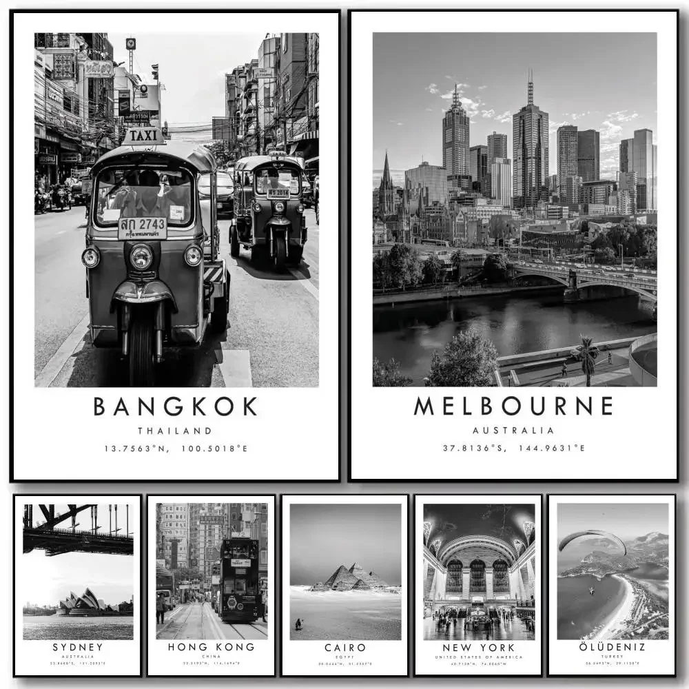 Dubai Prague Sydney Perth Tokyo Travel City Black White  Poster and Prints Wall Art Pictures for Modern Bedroom Home Decor