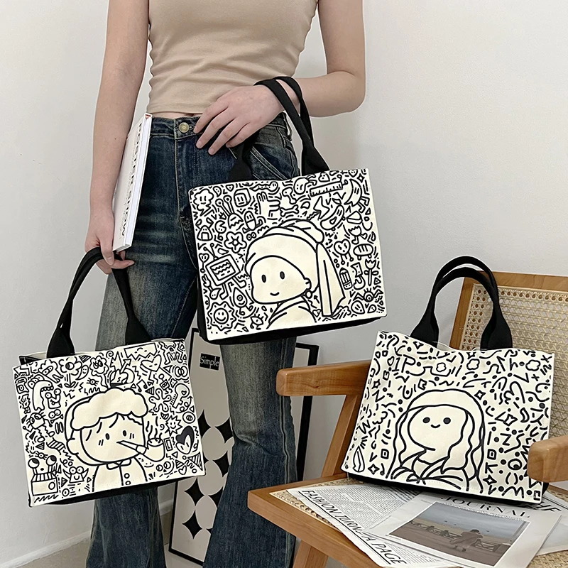 Women Small Canvas Handbag Cute Famous Painting Cloth Tote Female Designer Shopping Bag Thick Cotton Fabric Female Square Purses