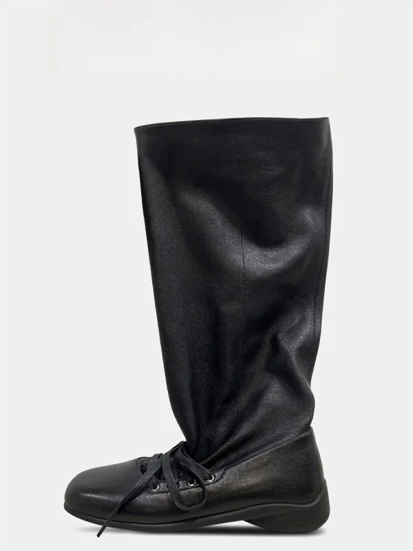 ballet-sle-high-top-leather-long-boots-women's-spring-2026-new-retro-thi-bot-knight-boots-tie-strap-pleated-boots
