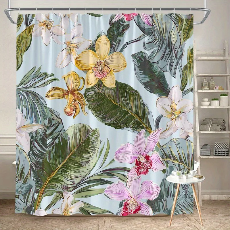 

1pc Tropical orchid floral pattern shower curtain, polyester fabric, machine washable, suitable for bedroom and living room