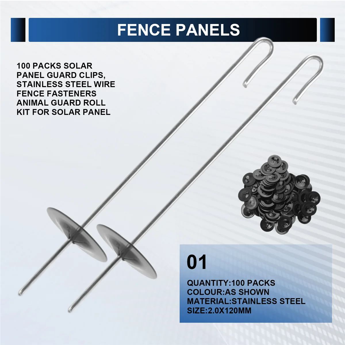 2025+100 Packs Solar Panel Guard Clips, Stainless Steel Wire Fence Fasteners Animal Guard Roll Kit for Solar Panel