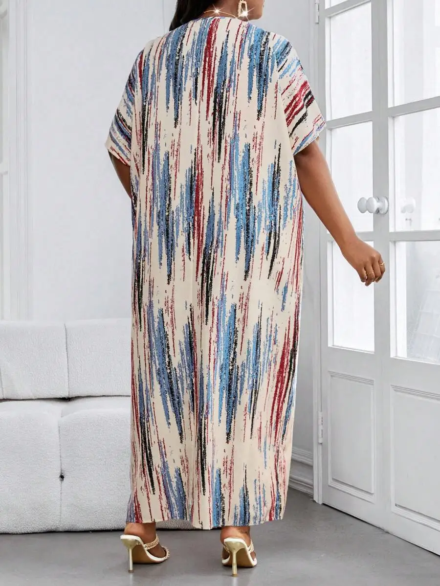 Vestido Largo Casual Elegante con Estampado de Rayas, Cuello en V, Mangas de Mariposa, Talla Grande, Estilo Boho para Vacaciones en la Playa