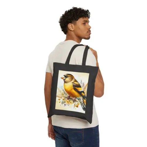 Sindax Cotton Canvas Tote Bag Evening Grosbeak on Branch Watercolor Design 2, Gift