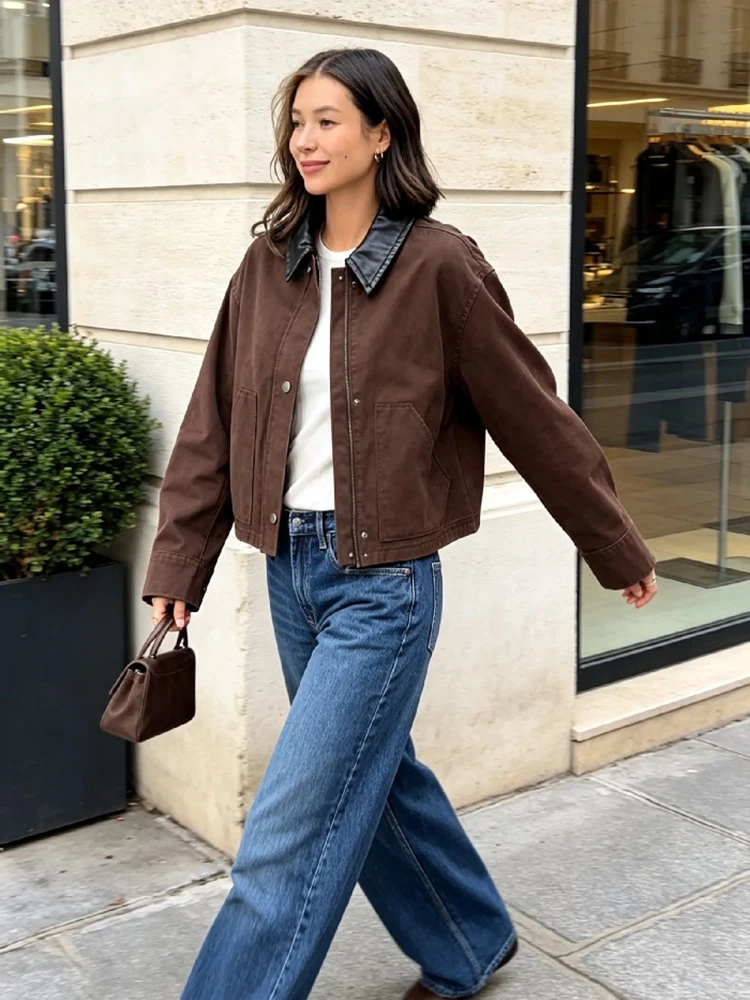 Vintage Women Faux Leather Collar Cropped Jacket Zip Button Drop Shoulder Pockets Casual Streetwear Fall Ladies Cropped Coat