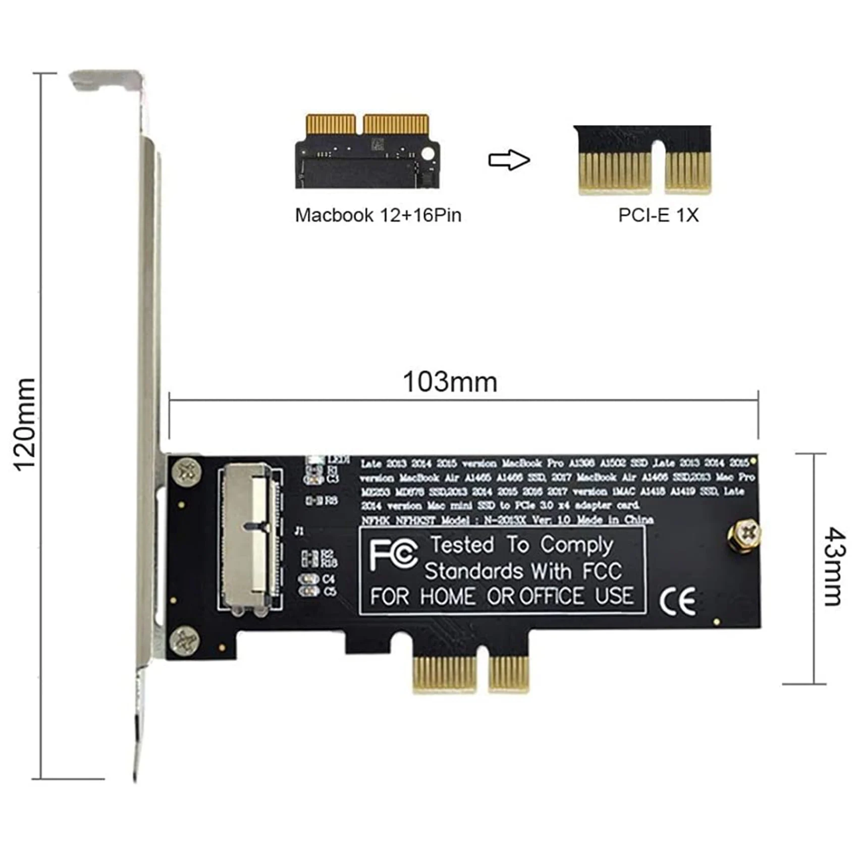 Placa de conversão PCI Express PCI-E 1X a 12 + 16 pinos para placa de conversão Mac Pro Air SSD 2013-2017